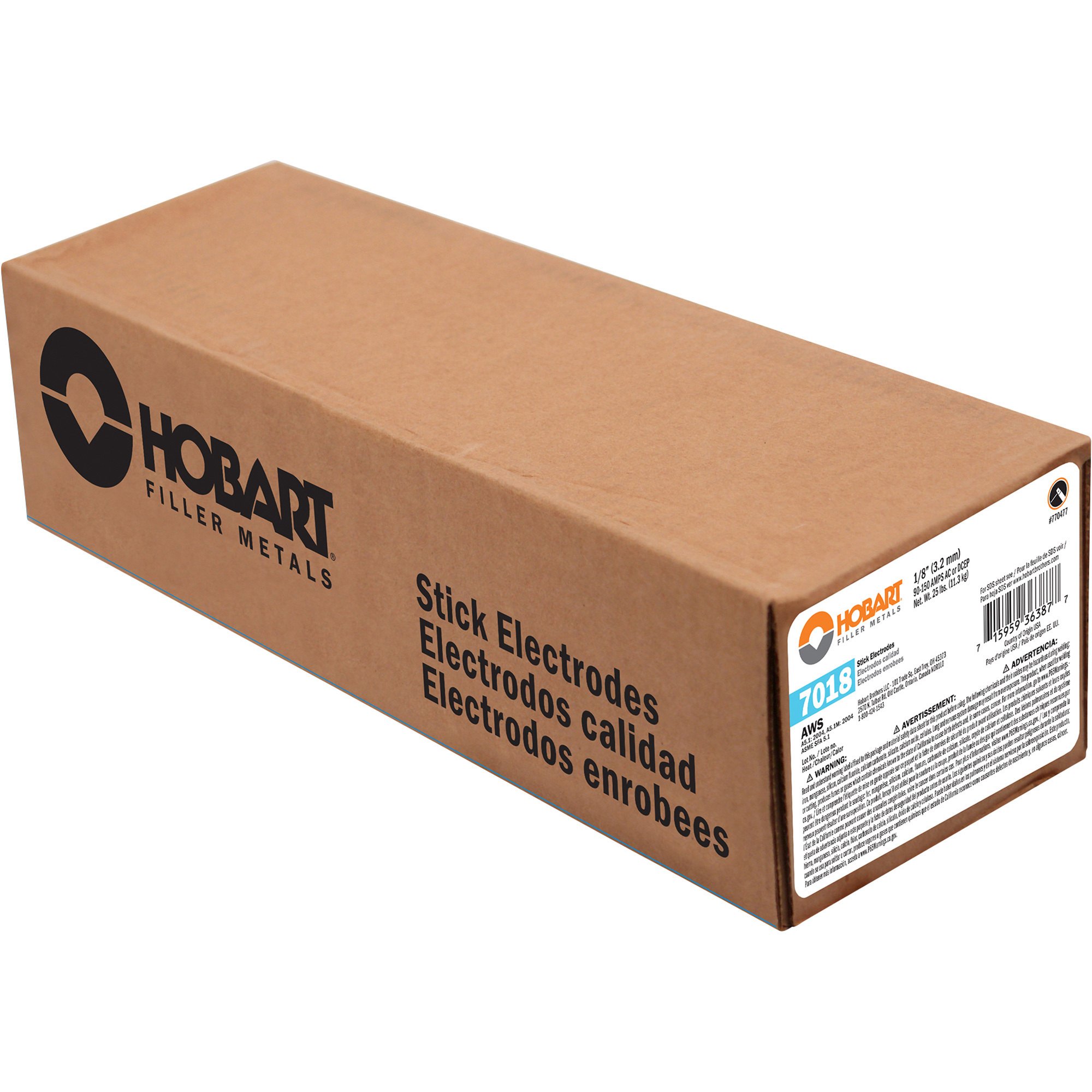 Hobart Filler Metals Stick Welding Electrodes, 7018, 1/8in. x 14in.L, 25-Lb. Carton, Model# 770477